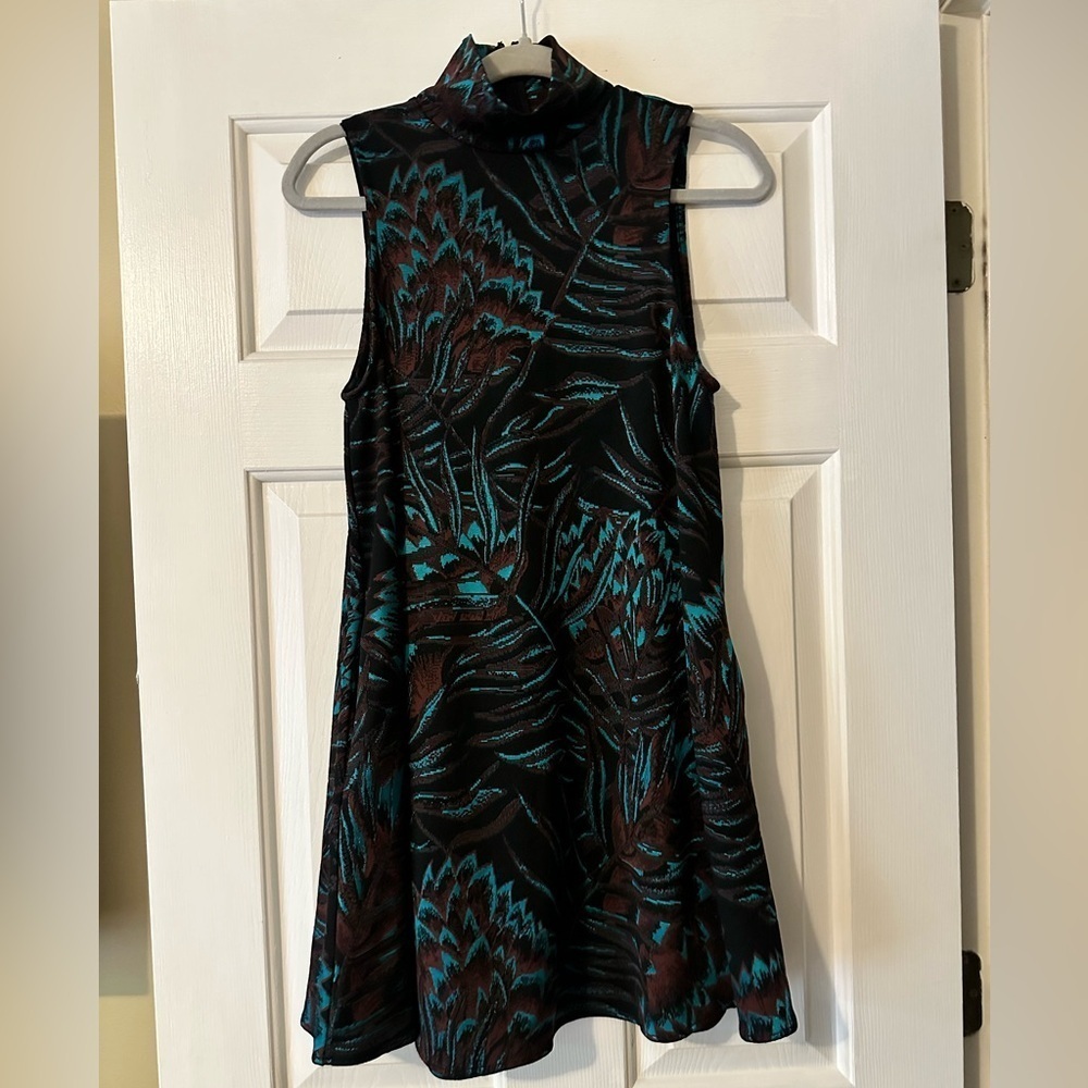 Mara Hoffman teal and chocolate brown floral print swing mini dress, size small